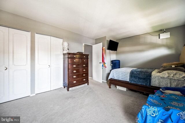 bedroom with carpet and multiple closets