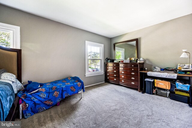 carpeted bedroom with baseboards and multiple windows
