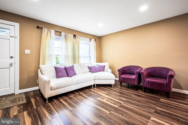 living area with baseboards, recessed lighting, and wood finished floors