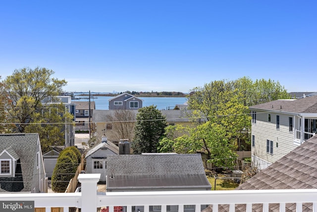 exterior space with a water view