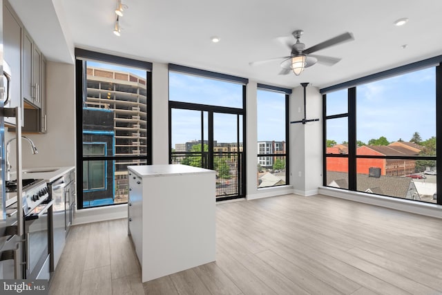1320 Fenwick Ln Unit 402, Silver Spring, MD 20910 - kitchen with a wall of windows, light countertops, a ceiling fan, appliances with stainless steel finishes, and gray cabinetry
