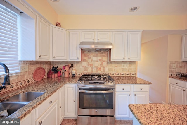 kitchen featuring stainless steel gas range, under cabinet range hood, tasteful backsplash, light stone counters, and a sink