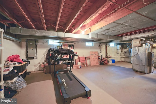 below grade area with heating unit and electric panel