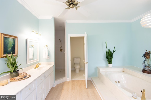 2210 Horns Point Rd, Cambridge, MD 21613 - bathroom featuring a garden tub, ornamental molding, a shower stall, vanity, and wood finished floors