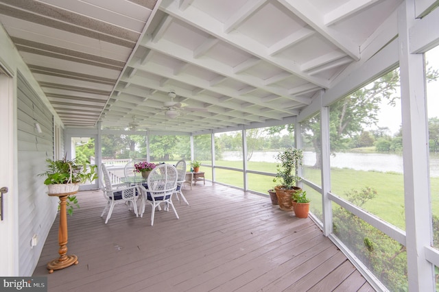 2210 Horns Point Rd, Cambridge, MD 21613 - sunroom featuring a water view, outdoor dining space, ceiling fan, and healthy amount of natural light