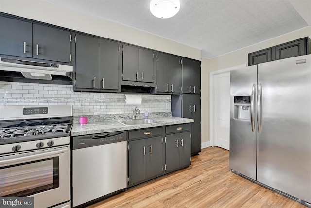 6824 Duluth Ave, Dundalk, MD 21222 - kitchen with appliances with stainless steel finishes, under cabinet range hood, a sink, decorative backsplash, and light countertops