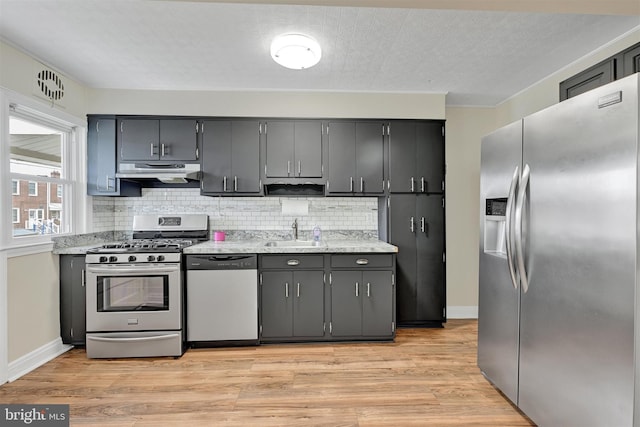 6824 Duluth Ave, Dundalk, MD 21222 - kitchen with appliances with stainless steel finishes, under cabinet range hood, a sink, decorative backsplash, and light wood-style flooring