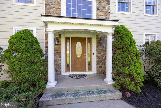property entrance with stone siding