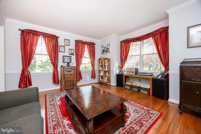 living room with baseboards, ornamental molding, and wood finished floors