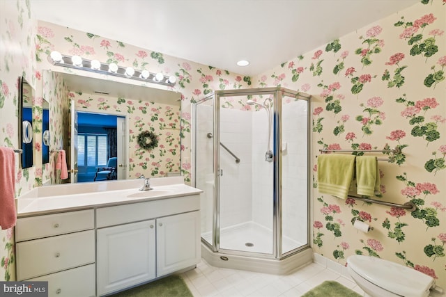 12030 Tralee Rd Unit 304, Lutherville Timonium, MD 21093 - bathroom featuring a stall shower, wallpapered walls, baseboards, tile patterned flooring, and vanity
