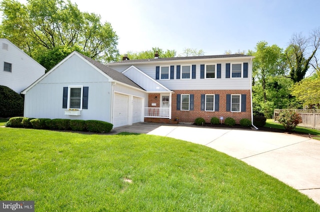 view of front facade with a front yard, brick siding, fence, concrete driveway, and an attached garage