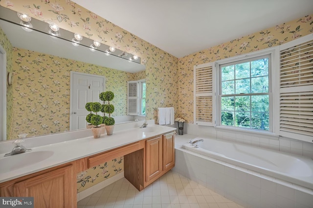 3016 Fallswood Glen Ct, Falls Church, VA 22044 - bathroom with a garden tub, tile patterned flooring, double vanity, wallpapered walls, and a sink