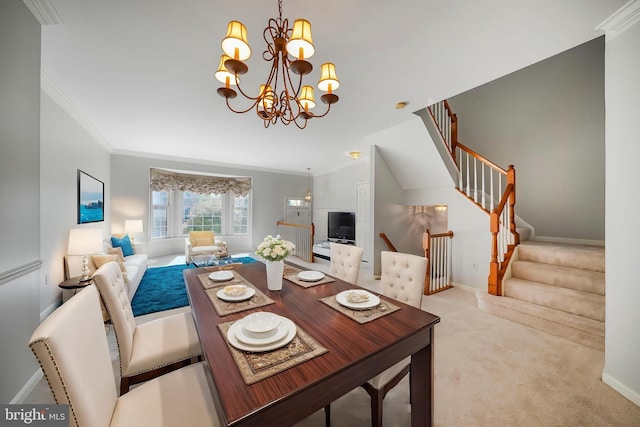 3016 Fallswood Glen Ct, Falls Church, VA 22044 - carpeted dining area with baseboards, ornamental molding, a notable chandelier, and stairway