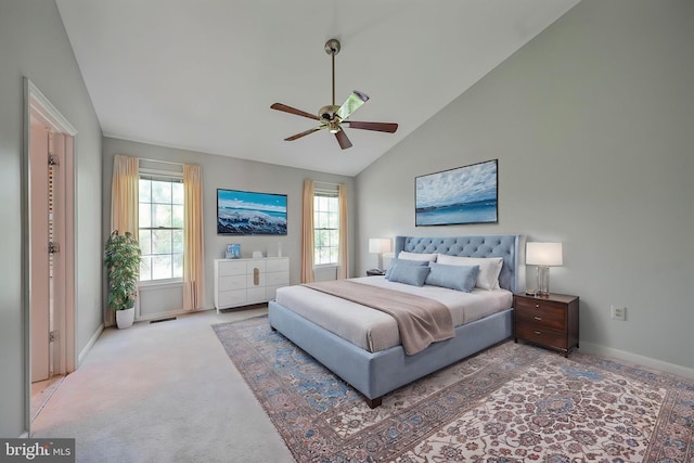 3016 Fallswood Glen Ct, Falls Church, VA 22044 - carpeted bedroom featuring baseboards, ceiling fan, high vaulted ceiling, and visible vents