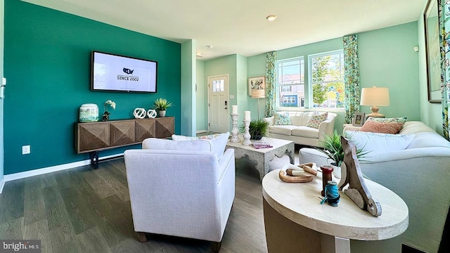 living area featuring baseboards and dark wood-type flooring