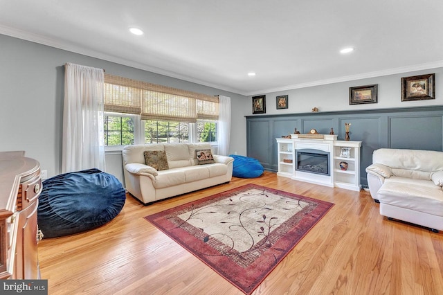 314 N Post Rd, Princeton Junction, NJ 08550 - living room featuring ornamental molding, light wood-type flooring, a glass covered fireplace, and recessed lighting
