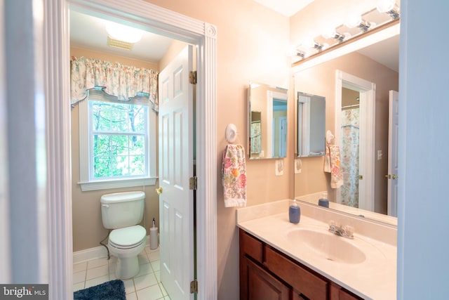 full bathroom featuring toilet, tile patterned floors, visible vents, and vanity