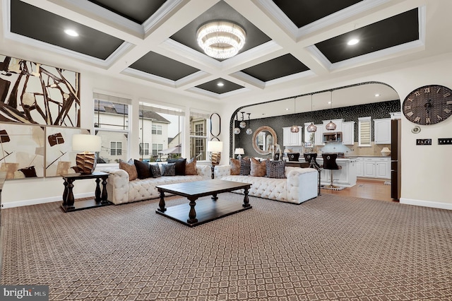 6206 Payton Way, Frederick, MD 21703 - living area featuring ornamental molding, light carpet, beam ceiling, and coffered ceiling