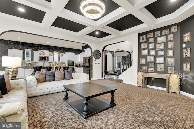 6206 Payton Way, Frederick, MD 21703 - living room with coffered ceiling, light colored carpet, arched walkways, and baseboards