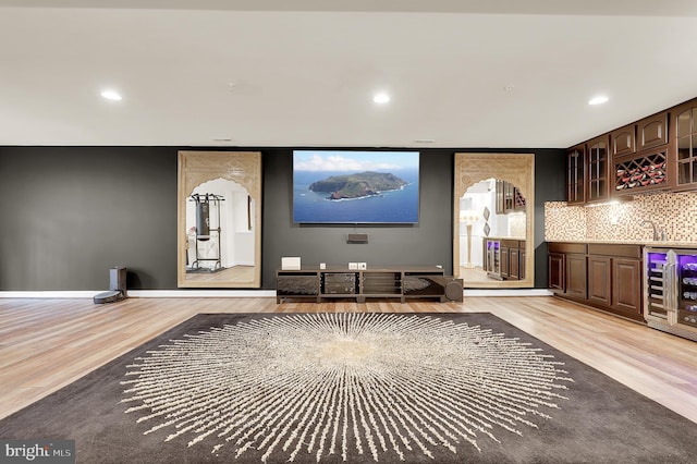 6206 Payton Way, Frederick, MD 21703 - home theater with indoor bar, recessed lighting, light wood finished floors, beverage cooler, and baseboards