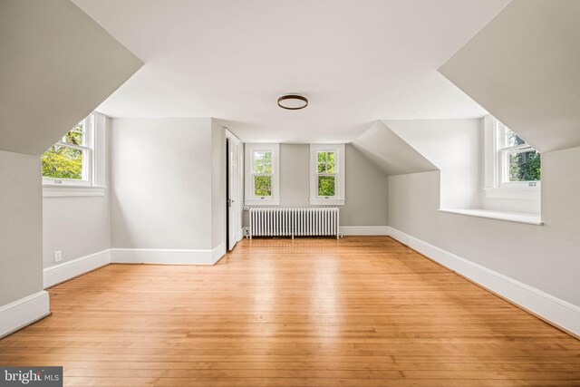 additional living space with radiator heating unit, light wood-type flooring, and a wealth of natural light