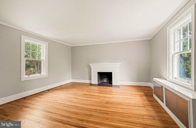 unfurnished living room featuring baseboards, light wood-style floors, and crown molding