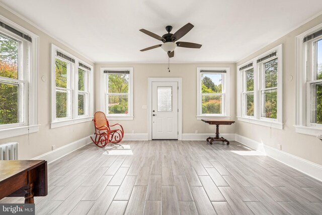 unfurnished sunroom with a healthy amount of sunlight, radiator, baseboards, and wood finished floors