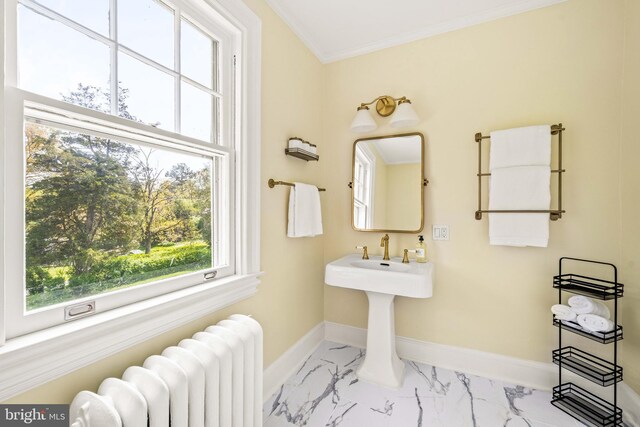 bathroom featuring radiator heating unit, baseboards, ornamental molding, and marble finish floor
