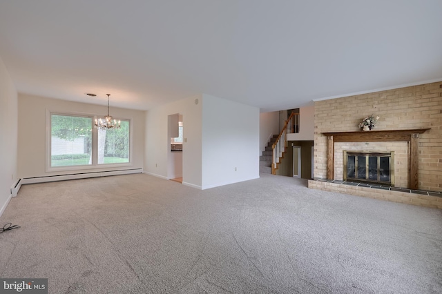 unfurnished living room featuring baseboards, a notable chandelier, baseboard heating, and stairway