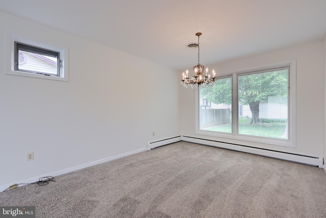 carpeted empty room with baseboards, a baseboard heating unit, and a chandelier