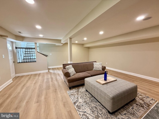 9905 Stoughton Rd, Fairfax, VA 22032 - living room featuring baseboards, recessed lighting, light wood-style floors, and visible vents