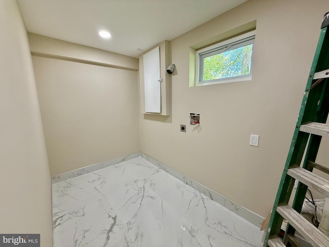 9905 Stoughton Rd, Fairfax, VA 22032 - laundry room featuring baseboards, marble finish floor, washer hookup, laundry area, and electric dryer hookup