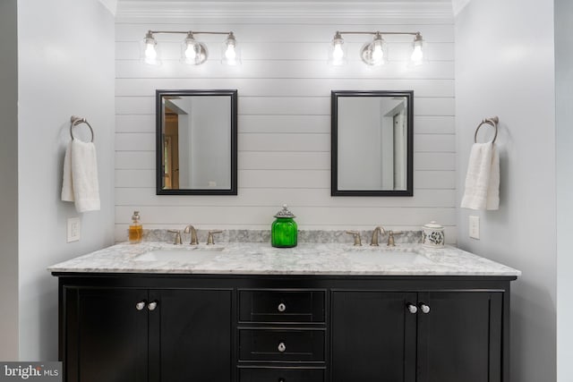 3635 Wessex Ln, Huntingtown, MD 20639 - bathroom featuring double vanity and ornamental molding