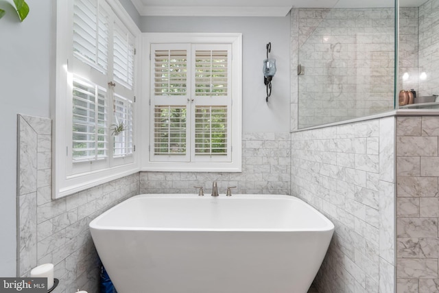 3635 Wessex Ln, Huntingtown, MD 20639 - full bath featuring tile walls, a soaking tub, and crown molding