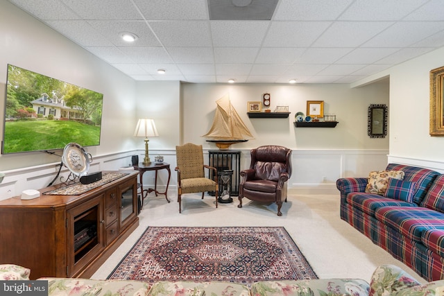3635 Wessex Ln, Huntingtown, MD 20639 - carpeted living room with wainscoting, a paneled ceiling, and recessed lighting