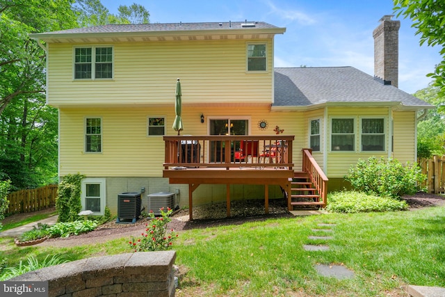 3635 Wessex Ln, Huntingtown, MD 20639 - back of property featuring a wooden deck, central AC, a chimney, and roof with shingles