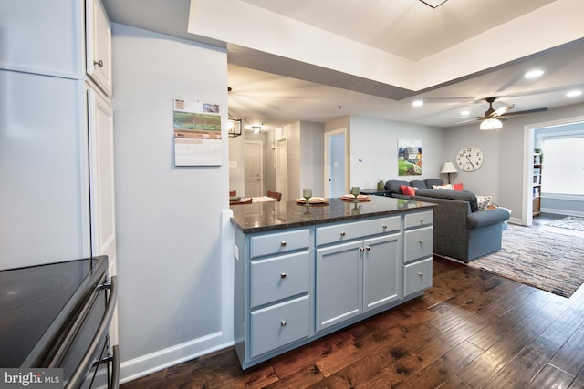 904 Martell Ct Unit 904-E, Bel Air, MD 21014 - kitchen featuring recessed lighting, dark wood-style floors, a ceiling fan, dark stone countertops, and open floor plan