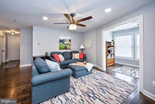 904 Martell Ct Unit 904-E, Bel Air, MD 21014 - living area with ceiling fan, baseboards, dark wood-style floors, and recessed lighting