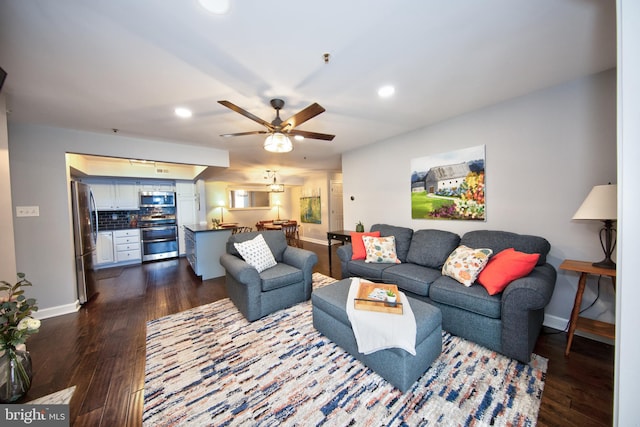 904 Martell Ct Unit 904-E, Bel Air, MD 21014 - living room with baseboards, dark wood-style flooring, recessed lighting, and a ceiling fan