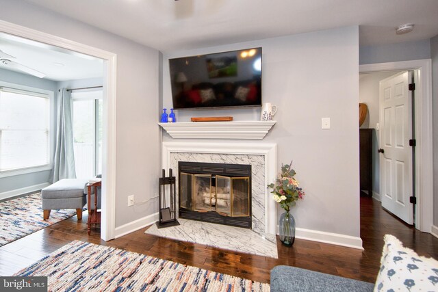 904 Martell Ct Unit 904-E, Bel Air, MD 21014 - living room with baseboards, wood finished floors, and a fireplace