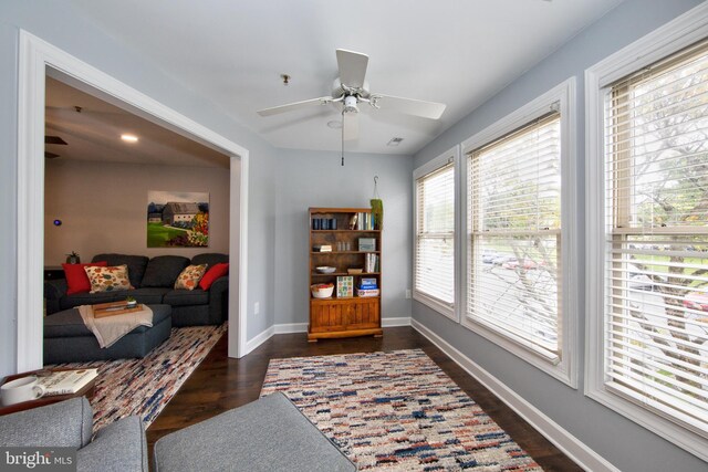 904 Martell Ct Unit 904-E, Bel Air, MD 21014 - living area featuring ceiling fan, dark wood-style floors, and baseboards