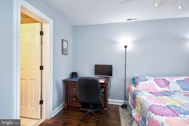 904 Martell Ct Unit 904-E, Bel Air, MD 21014 - bedroom with dark wood finished floors, an office area, baseboards, and ceiling fan