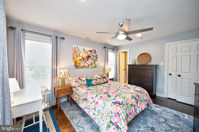 904 Martell Ct Unit 904-E, Bel Air, MD 21014 - bedroom featuring dark wood finished floors, multiple windows, baseboards, a ceiling fan, and recessed lighting