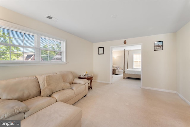 44516 Blueridge Meadows Dr, Ashburn, VA 20147 - living area featuring baseboards, visible vents, light carpet, and a healthy amount of sunlight