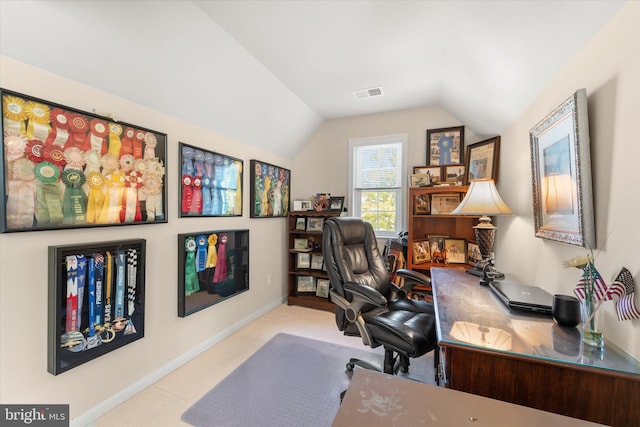 44516 Blueridge Meadows Dr, Ashburn, VA 20147 - home office featuring vaulted ceiling, baseboards, carpet flooring, and visible vents