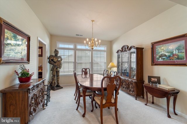 44516 Blueridge Meadows Dr, Ashburn, VA 20147 - dining room with light colored carpet, baseboards, a chandelier, and visible vents