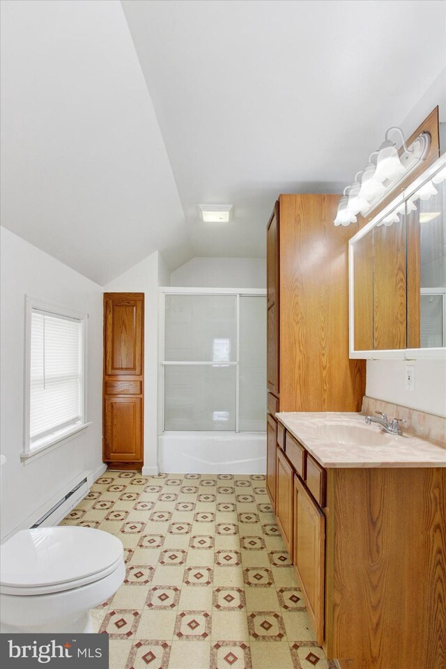 bathroom with vanity, lofted ceiling, toilet, baseboard heating, and enclosed tub / shower combo