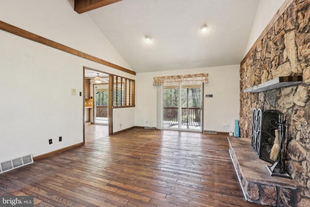 unfurnished living room with high vaulted ceiling, hardwood / wood-style floors, and visible vents