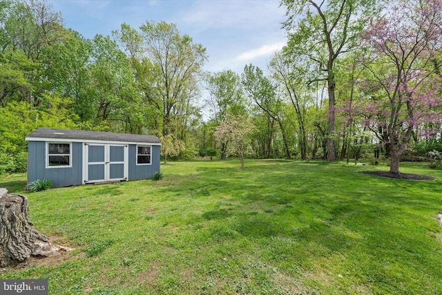 view of yard with an outdoor structure and a shed