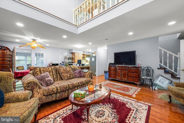 9 Sailors Way, Berlin, MD 21811 - living room with recessed lighting, stairs, ceiling fan, and wood finished floors